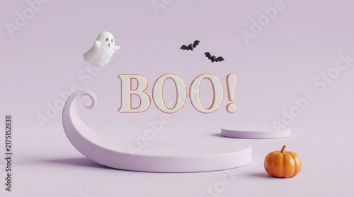 A festive 3d render of a happy halloween scene featuring a cute ghost bats and a small orange pumpkin