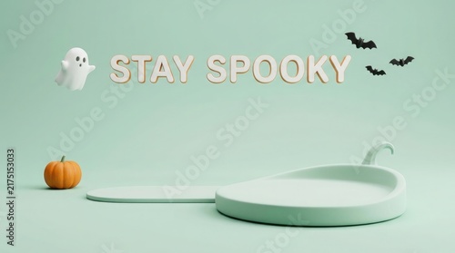 A festive product display podium for a happy halloween celebration featuring a cute ghost and bats on pastel green