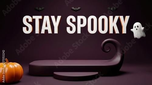 A dark spooky product display podium with a pumpkin and ghost decoration to celebrate a happy halloween theme event
