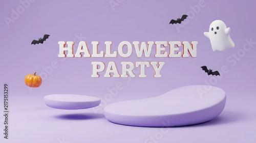A festive purple podium display for a happy halloween party featuring cute ghosts bats and pumpkins for product presentation