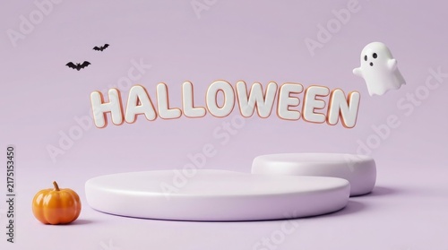 A festive happy halloween display featuring a product podium with a cute ghost pumpkin and bats on purple background
