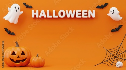 A festive happy halloween background featuring cute ghosts flying bats and carved pumpkins on a vibrant orange surface area