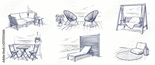 Outdoor Patio Furniture Sketch Set featuring modern balcony chairs, porch swing, lounge bed, bistro table, and garden couch line art drawings for cozy exterior interior home decor design illustrations