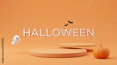 A festive happy halloween background featuring a product display podium with a cute ghost and pumpkin on orange