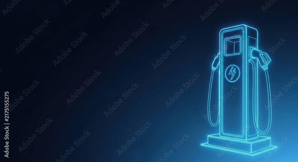 Naklejka premium Electric vehicle charging station symbol glowing neon blue on dark background