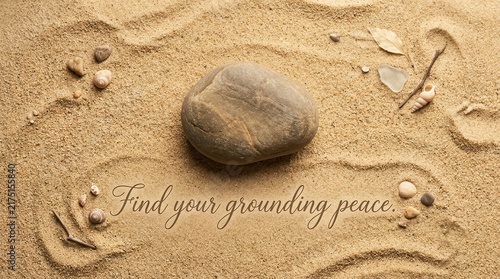 Zen-like beach scene with a grounding stone and seashells, text 