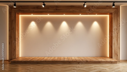 A modern empty display alcove with warm wood trim and elegant ambient lighting