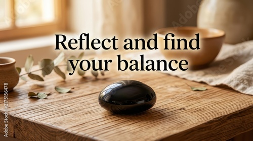 Zen stones and pottery on a rustic wooden table evoke tranquility and balance, with soft light streaming through a window, inspiring reflection and mi