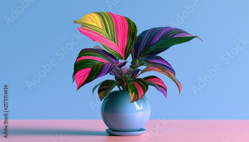 A vibrant plant with striped pink, yellow, and green leaves in a blue round pot