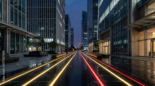 Modern city street at twilight with glowing red and yellow light lines.