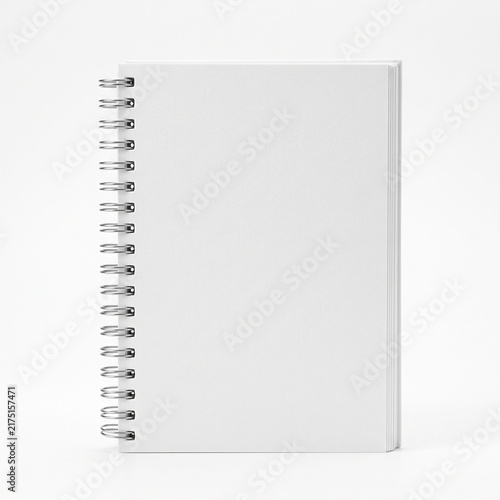 Highly realistic blank spiral-bound notebook with a clean plain white front cover, visible metal spiral binding, slightly textured cardstock and crisp rectangular edges