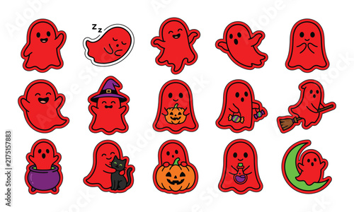 Cute red cartoon ghost stickers collection for halloween designs