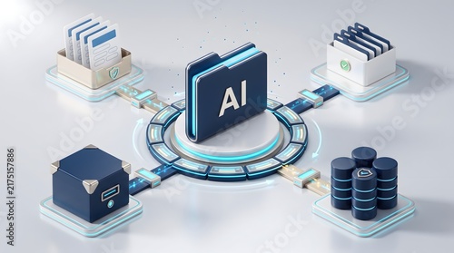 Plakat Artificial intelligence secure data management network with AI folder central hub connecting to protected database and verified documents