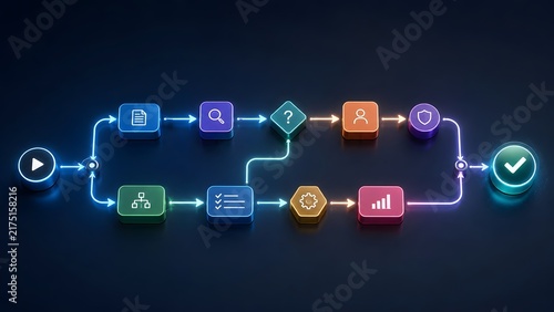 Plakat w ramie Digital workflow algorithm flowchart 3D illustration showing document path through verification user interaction security and final approval