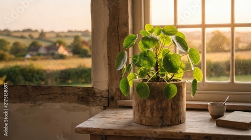 A potted Peperomia plant sits on a weathered wooden windowsill, bathed in the warm glow of a sunset.