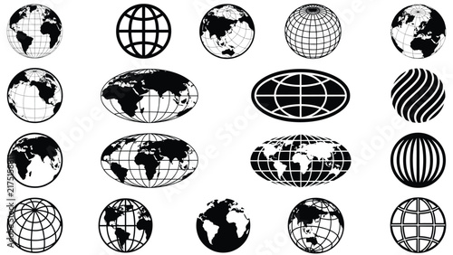 Foto Black and white of globe earth maps, and latitude longitude grid spheres on whit
