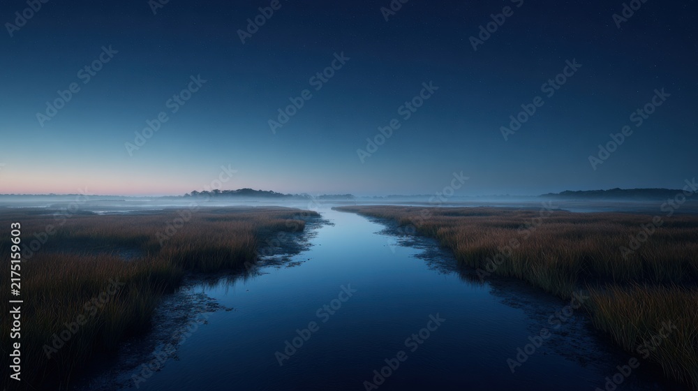 Fototapeta premium Twilight salt marsh image with water channels and grass Canon EOS R5
