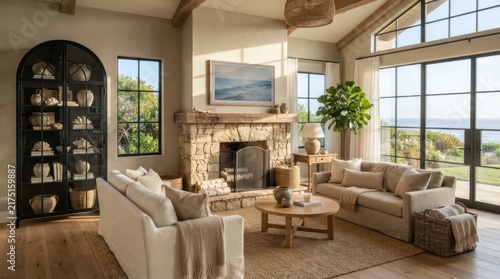 Sunlight floods a spacious, rustic living room featuring a large stone fireplace and expansive windows overlooking a coastal view.
