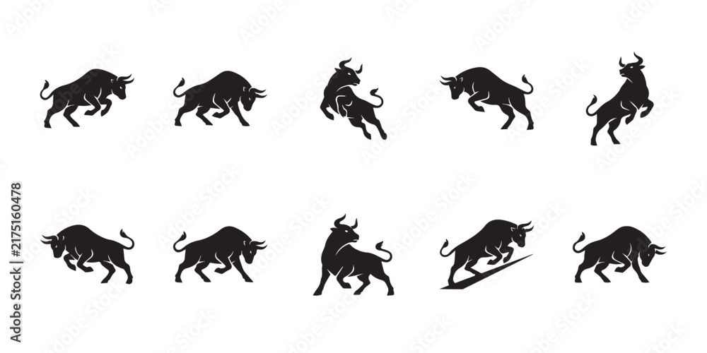 Obraz premium Hanwoo cattle pose set. Korean native cattle silhouettes in active poses for Hanwoo beef, livestock, ranching, agriculture, farming, and Korean cattle themed designs.