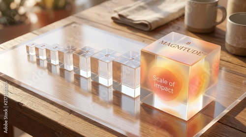 Clear acrylic blocks with numbers 1-6 arranged in ascending size, symbolizing growth and scale, with a larger cube labeled 'Magnitude Scale of Impact'