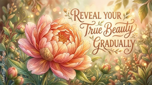 Elegant peony flower blooming with inspirational quote 'Reveal Your True Beauty Gradually' in a soft light garden setting