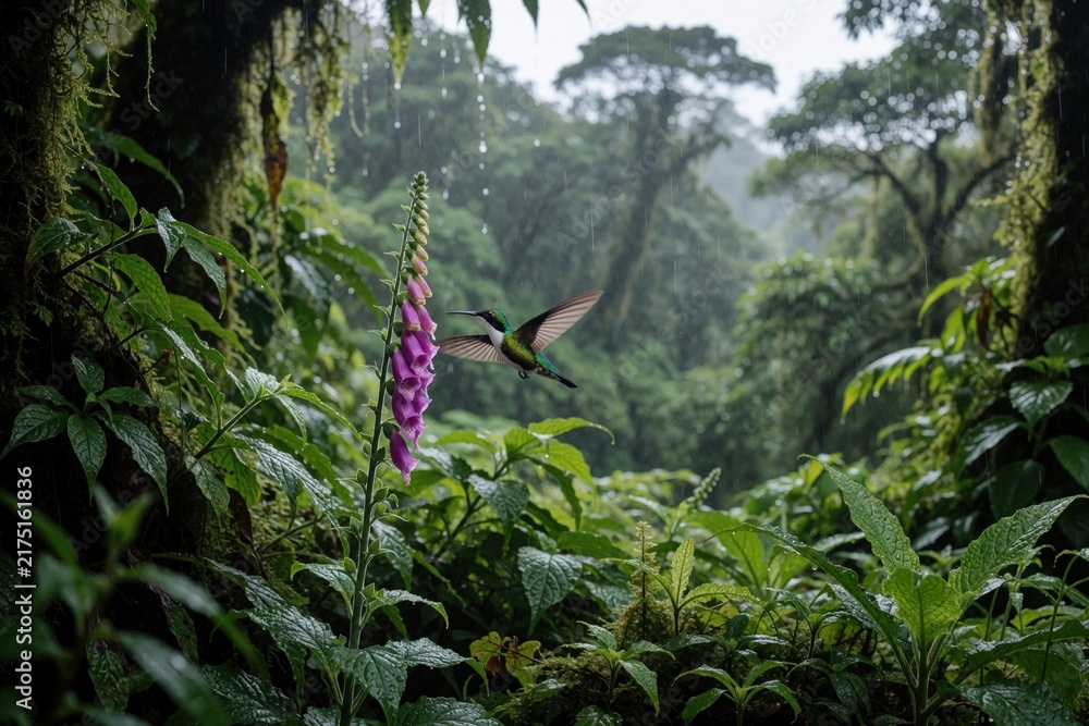 Fototapeta premium Tiny hummingbird hovers mid air near purple foxglove bloom. Small avian sips nectar in rich green forest with rain falling. Wild creature flits near vibrant flower.