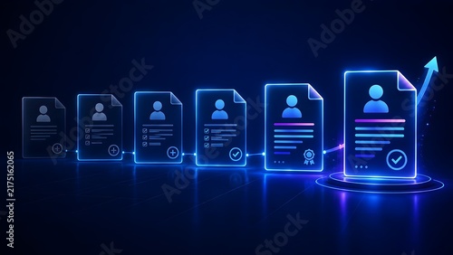 Obraz na płótnie Sequence of glowing neon blue digital user profile documents with upward arrow showing progressive career growth and approval status