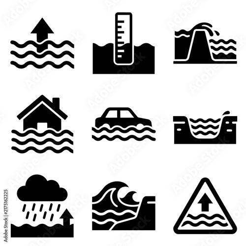 Flood tsunami and water disaster warning icon set