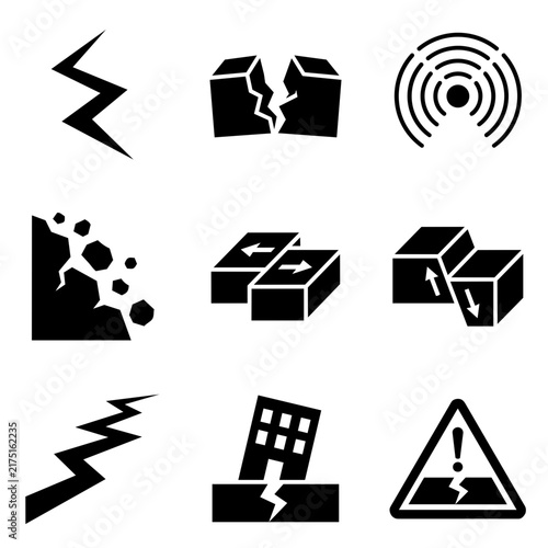 Earthquake land crack and building collapse disaster icon set
