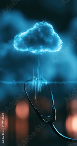 Glowing cloud above stethoscope with illuminated pulse line on dark background