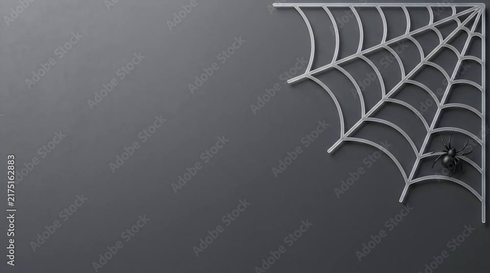 Spooky spider web on dark background. Halloween decoration. Elegant silver filigree lace pattern with black spider. Corner ornate design. Elegant horror thematic texture. Party supply.