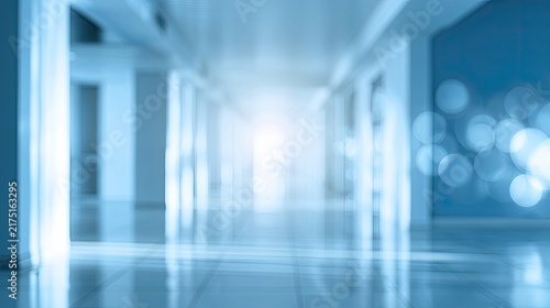 Blurry blue hallway with bright light at the end and bokeh effects