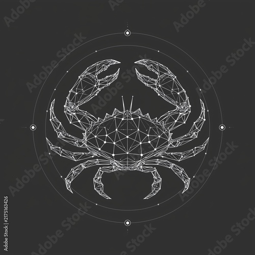 Digital crab design featuring geometric lines and nodes on a dark background Cancer zodiac sign, logo