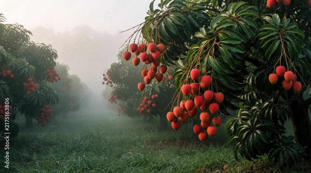 Obraz premium Ripe lychees grow on trees in orchard rows. Morning mist drifts through rich green foliage. Juicy red fruit hangs heavy on branches, creating a serene natural landscape.
