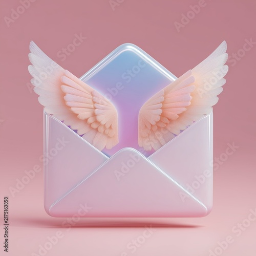 Colorful envelope icon with angel wings showcases a whimsical design against a soft pink background