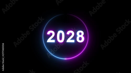 2028 neon glowing text animation with circular light frame for new year countdown and futuristic digital technology presentations