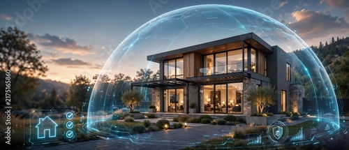 Modern house with digital protection interface showcasing safe living and insurance concepts at sunset
