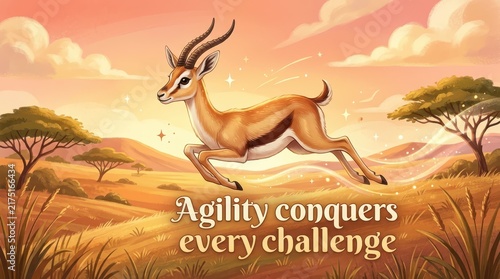 Agile gazelle running with speed and grace through an African savanna at sunset, overcoming challenges.