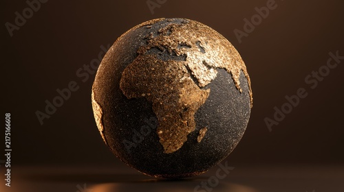 Textured globe with continents shimmering like gold against a dark background