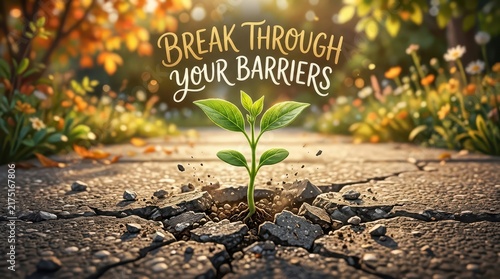 A green sprout breaks through cracked asphalt, symbolizing resilience and growth, with inspirational text 