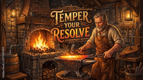 A grizzled blacksmith in his rustic workshop, hammering glowing metal on an anvil beside a roaring forge, with 
