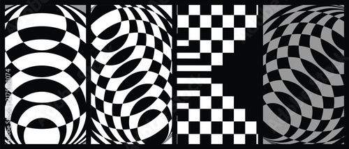 Black and white op art background featuring distorted spherical checkerboard pattern and geometric optical illusions