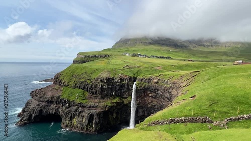 Múlafossur Waterfall at Faroe Islands in Summer	