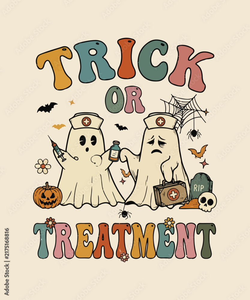Fototapeta premium Trick or Treatment Nurse Ghost Halloween Vintage Retro T-Shirt Design