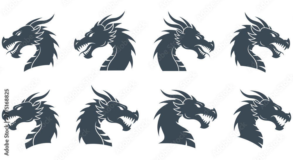 Fototapeta premium Dragon head silhouettes a collection of eight monochrome vector illustrations