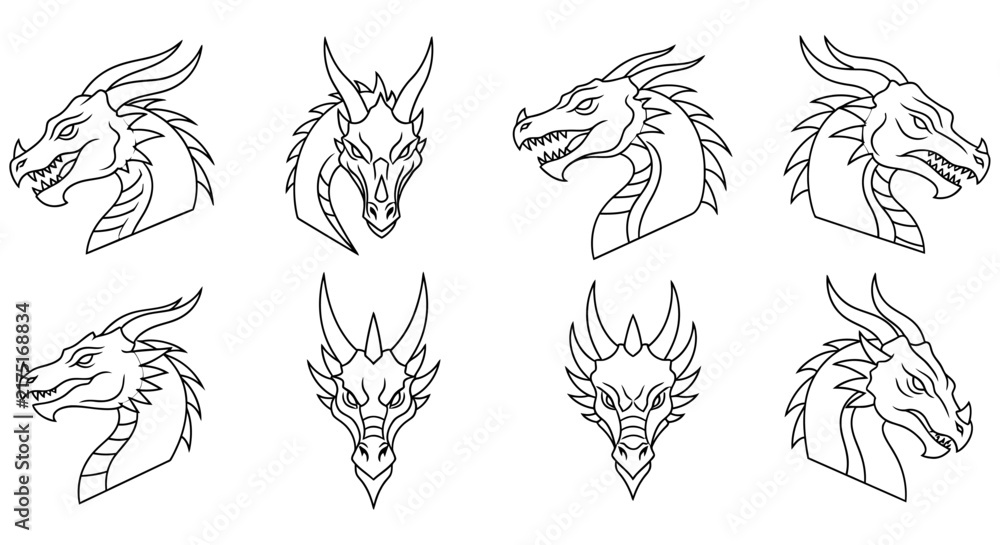 Fototapeta premium Dragon head illustrations black line art on a white background