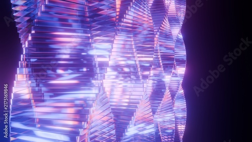 Abstract vertical glass tower background with glowing pink and blue neon light refractions