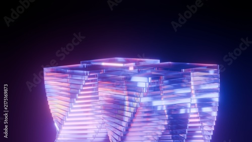 Abstract glass pedestal platform background with neon blue and magenta light refractions