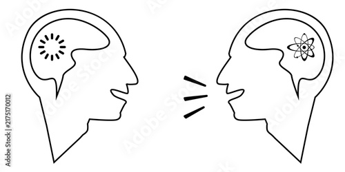 Human head outline vector displays communication and knowledge transfer between two profiles. Linear speaking face icons with brain thinking symbols are isolated on a white background