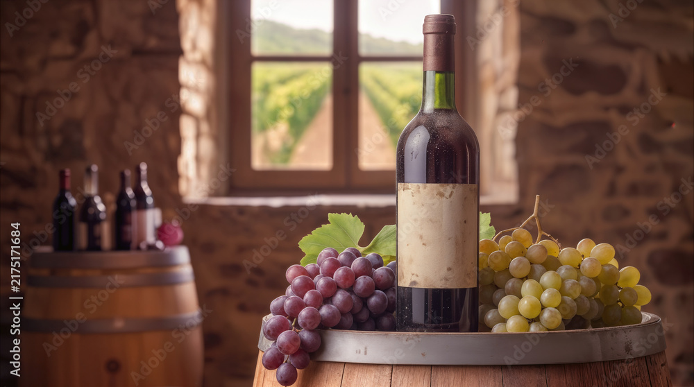 Naklejka premium Red wine bottle with blank label on wooden barrel. Bunches of purple and white grapes in rustic cellar overlooking vineyard.